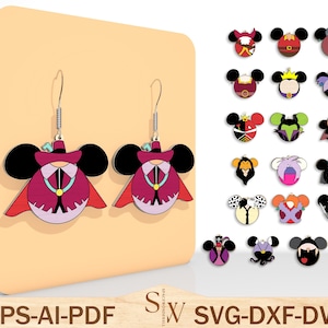 Archivo SVG de corte láser de aretes de Halloween de dibujos animados, aretes de cabeza de ratón de dibujos animados, aretes de ratón y amigos, regalo de Halloween, archivo SVG de Glowforge