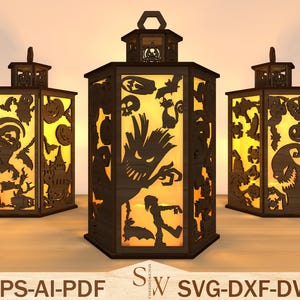 Halloween Lantern Laser Cut File,Halloween Scene lantern svg, Haunted house svg, Halloween Candle lantern svg, Laser Cut Glowforge