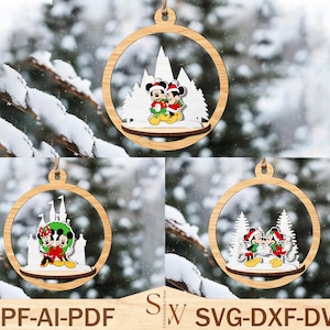 Karikatur-Weihnachtsverzierungs-Svg, Weihnachtsverzierungs-Laser-Schnitt-Datei-Svg, Maus und Freunde-Verzierungs-Svg, Weihnachtsdekor, Glowforge-Svg-Datei