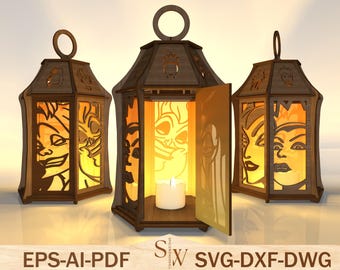 Archivo de corte de linterna de villano Svg, linterna de vela de Halloween Svg, portavelas de luz de noche Svg, decoración de Halloween, archivo Svg de Glowforge
