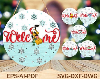 Cartoon Christmas Door Sign Laser Cut File Svg ,Christmas Door Hanger Svg, Mouse And Friends Svg, Christmas Decor ,Glowforge Svg File