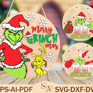 File di taglio del cartello della porta dei film di Natale in formato SVG, appendino per porta Merry Grinchmas in formato SVG, cartello di benvenuto Grinchmas in formato SVG, decorazioni natalizie, file Glowforge