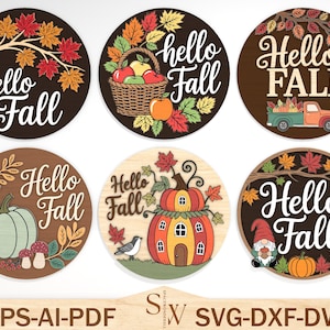 Hello Fall Door Sign SVG Bundle, Layered Autumn Laser Cut Files, Glowforge SVG, Fall Porch Decor, Pumpkin Gnome Truck Sign