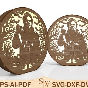 May include: Two wooden, circular Halloween decorations. Each features a silhouette of a figure holding a knife, a haunted house, and jack-o'-lanterns. The designs are set against a backdrop of trees and bats. The text "EPS-AI-PDF" and "SVG-DXF-DWG" are at the bottom.