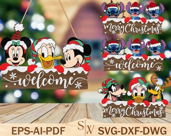 Cartoon Christmas Door Sign Laser Cut File Svg ,Christmas Door Hanger Svg, Mouse And Friends Svg, Christmas Decor ,Glowforge Svg File