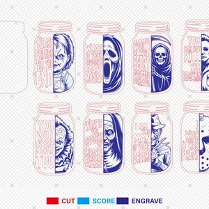 Puede incluir: Una colecci&oacute;n de ocho dise&ntilde;os de tarros de cristal con temas de pel&iacute;culas de terror. Cada tarro presenta un personaje o cita diferente de pel&iacute;culas de terror ic&oacute;nicas, incluyendo a Chucky, Ghostface y Michael Myers. Los dise&ntilde;os son en azul y blanco.