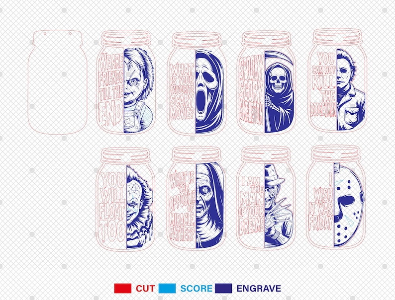 Puede incluir: Una colecci&oacute;n de ocho dise&ntilde;os de tarros de cristal con temas de pel&iacute;culas de terror. Cada tarro presenta un personaje o cita diferente de pel&iacute;culas de terror ic&oacute;nicas, incluyendo a Chucky, Ghostface y Michael Myers. Los dise&ntilde;os son en azul y blanco.