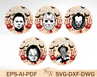 May include: Five round wooden Halloween signs featuring iconic horror characters: Michael Myers, Jason Voorhees, Pennywise, Chucky, and Freddy Krueger. Each sign has a "Welcome" inscription, bats, and bloody handprints.