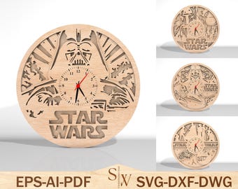 3D flerskiktad Star Wars-klocka heminredning laserskuren svg, handgjord klocka, Star Wars-presentsvg, Starwars-klocka, 3D-klockasvg, Glowforge-klocka
