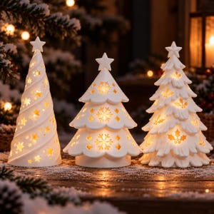 May include: Three white ceramic Christmas tree figurines with internal warm lighting. The left tree has a spiral design with star cutouts, the center tree features snowflake patterns, and the right tree displays holly leaf and berry cutouts.