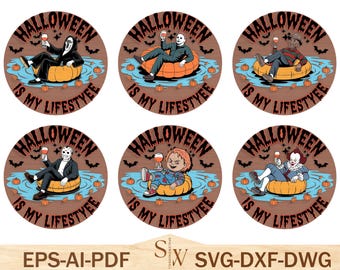 Bundle de plaque de porte personnages horreur Svg, accroche-porte Halloween svg, signe de bienvenue Halloween Svg, accroche-porte en bois, Halloween, fichier laser Svg