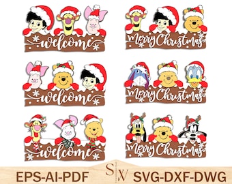 Cartoon Christmas Door Sign Laser Cut File Svg ,Christmas Door Hanger Svg, Mouse And Friends Svg, Christmas Decor ,Glowforge Svg File