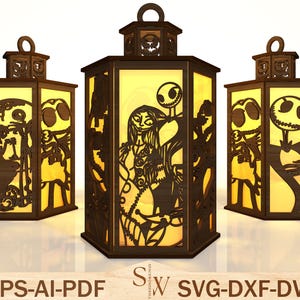 May include: Three wooden lanterns with cutout designs featuring characters from The Nightmare Before Christmas. The lanterns have a warm, yellow glow from within. The text "EPS-AI-PDF" and "SVG-DXF-DWG" is at the bottom.