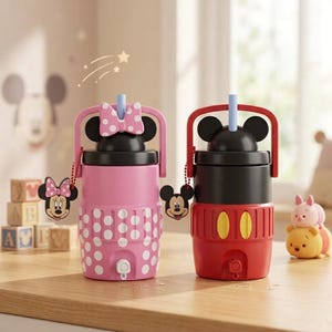 May include: Two cylindrical water bottles with carrying handles and straws. The left bottle is pink with white polka dots and a Minnie Mouse bow. The right bottle is red with yellow ovals and black accents. Both feature character-themed charms.
