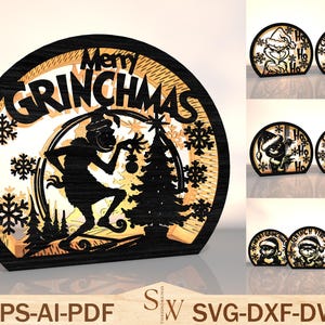 May include: A black and tan wooden Christmas decoration featuring the Grinch. The design includes the text "Merry Grinchmas" and snowflakes. Additional smaller Grinch-themed decorations are also shown.