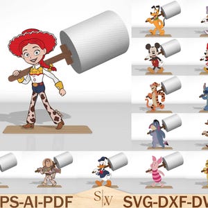 Puede incluir: Ilustraciones digitales de varios personajes de dibujos animados, incluyendo a Jessie de Toy Story, Mickey Mouse y Winnie the Pooh, cada uno sosteniendo un objeto cilíndrico blanco grande. Los personajes están sobre plataformas de madera individuales. El texto en la parte inferior dice "EPS-AI-PDF" y "SVG-DXF-DWG".