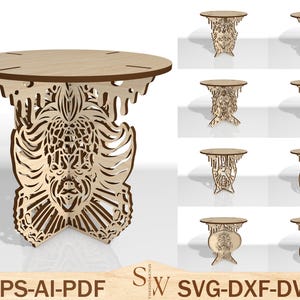 May include: A wooden side table with a round top and a decorative, laser-cut base. The base features a detailed design of a face and intricate patterns. The image also shows variations of the table's design. The text "EPS-AI-PDF" and "SVG-DXF-DWG" is visible.
