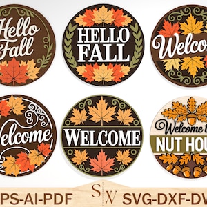 Herbst Willkommen Türschild SVG-Bundle, Laser-Schnitt-Dateien, Glowforge Herbst Schilder, Nut Haus SVG, Veranda Dekor Dateien