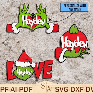 Adorno navideño cortado con láser, archivo SVG, adorno de Grinchmas, adorno navideño de dibujos animados, decoración navideña, archivo SVG de Glowforge navideño