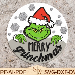 Cabide de porta de feliz natal svg, placa de porta de personagens de natal, placa de boas-vindas do grinchmas, arquivo de corte svg, decoração de natal, arquivos svg glowforge