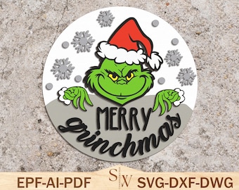 Merry Christmas Door Hanger Svg ,Christmas Characters Door Sign ,Grinchmas Welcome Sign Cut File Svg, Christmas Decor, Glowforge Svg Files