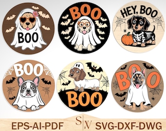 Halloween Dog Ghost Sign SVG Bundle, Cute Puppy Boo Door Hanger Laser Cut Files, Fall Round Sign SVG dla Glowforge i CNC