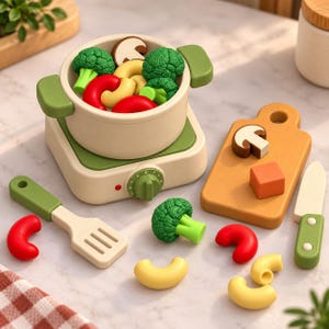 May include: A toy cooking set featuring a beige pot on a green and beige stove, filled with green broccoli, red pepper slices, yellow macaroni, and mushroom pieces. Includes a wooden cutting board, a spatula, a knife, and extra food pieces.