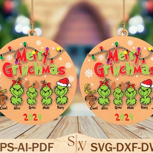 Personalized Family Christmas Ornament Svg, Merry Grinchmas 2024 Ornament Svg ,Cartoon Christmas Ornament Svg, Ornament Glowforge Svg Files