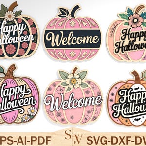 May include: A collection of six wooden pumpkin-shaped decorations. Each pumpkin features floral designs, the words "Happy Halloween" or "Welcome", and a variety of colors including pink, orange, and brown. The bottom of the image displays "EPS-AI-PDF" and "SVG-DXF-DWG".