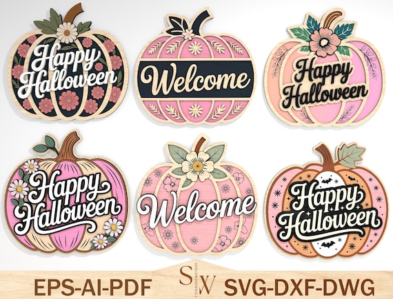 Pink Pumpkin Halloween SVG Bundle, Floral Halloween Laser Cut Files, Layered Sign SVG, CNC Glowforge Files for Fall Decor