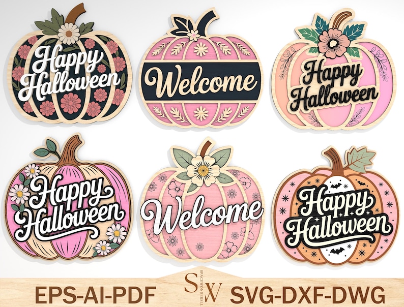 May include: A collection of six wooden pumpkin-shaped decorations. Each pumpkin features floral designs, the words "Happy Halloween" or "Welcome", and a variety of colors including pink, orange, and brown. The bottom of the image displays "EPS-AI-PDF" and "SVG-DXF-DWG".