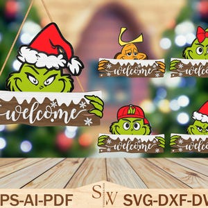 Movies Christmas Door Sign Cut File Svg, Grinchmas Welcome Sign  Svg ,Merry Grinchmas Door Hanger Svg ,Christmas Decor, Glowforge Files