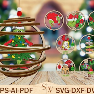 Adorno navideño en espiral, archivo Svg para cortar con láser, adorno de Grinchmas Svg, adorno navideño de dibujos animados Svg, decoración navideña, archivo Svg de Glowforge
