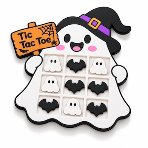 May include: A white ghost-shaped tic tac toe board featuring a black witch hat with a purple band. The board includes an orange sign labeled Tic Tac Toe with a spider web and bat. The game pieces consist of white ghosts and black bats.