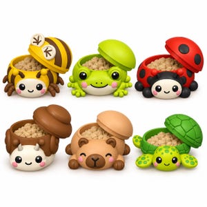 May include: A set of six animal-shaped containers with open lids, each filled with light brown granular material. The figures include a bee, a frog, a ladybug, a snail, a bear, and a turtle, all featuring smiling faces and colorful designs.