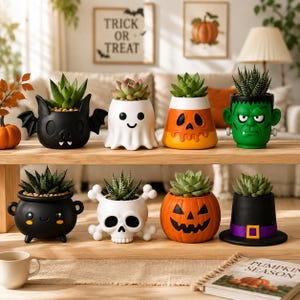May include: A collection of eight ceramic planters shaped like Halloween characters, including a black bat, a white ghost, a candy corn, a green monster, a black cauldron, a white skull, an orange jack-o'-lantern, and a black witch hat.