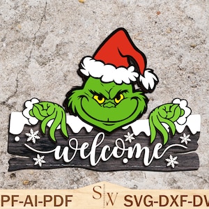 Joyeux Grinchmas bienvenue signe coupe fichier Svg, Svg d'accroche-porte Noël, panneau de porte personnages de Noël, décoration de Noël, fichiers Svg Glowforge
