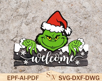 Merry Grinchmas Welcome Sign Cut File Svg, Christmas Door Hanger Svg ,Christmas Characters Door Sign ,Christmas Decor, Glowforge Svg Files