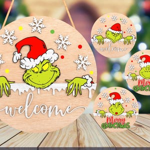 Christmas Characters Door Sign Cut File Svg,Merry Grinchmas Door Hanger Svg ,Grinchmas Welcome Sign  Svg ,Christmas Decor, Glowforge Files