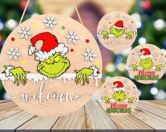 グリーンクリスマスキャラクターサインSVG | ホリデードアハンガー