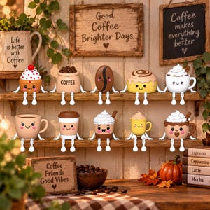 Puede incluir: Una colección de diez pequeñas figuras sentadas en estantes con forma de objetos relacionados con el café, incluyendo tazas, un grano de café y un rollo de canela, todos con caras sonrientes y piernas colgantes junto a letreros de madera.