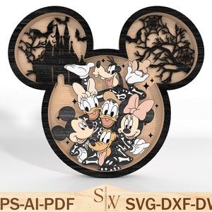 May include: A wooden cutout of Mickey Mouse's head with a Halloween theme. The inside of the ears features a silhouette of a castle and a spooky tree. The center of the cutout features Mickey Mouse, Minnie Mouse, Donald Duck, Goofy, and Pluto dressed in Halloween costumes.