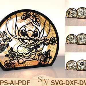 May include: A black and tan wooden laser-cut lamp featuring Stitch playing a ukulele, surrounded by floral designs. The lamp has a semi-circular shape with the text "EPS-AI-PDF" and "SVG-DXF-DWG" at the bottom. Additional lamps are shown in the background.