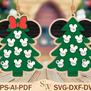 May include: Wooden Christmas tree ornaments with a green tree design, Mickey Mouse ears, and names on white Mickey Mouse head shapes. One ornament has a red bow. The year 2025 is at the bottom. The text "EPS-AI-PDF SVG-DXF-DWG" is at the bottom.