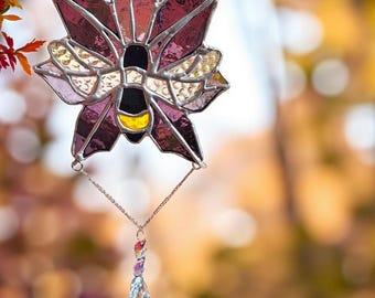 Handmade Stained Glass Flower Suncatcher with Bee and Crystal Drop | Tiffany Glass Window Hanging | Unique Gift