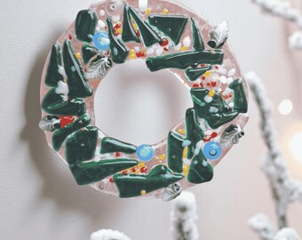 Handmade Fused Glass Christmas Wreath Ornament