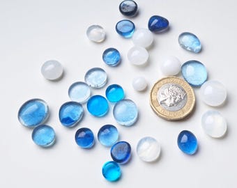 Fused Glass Beads 50g – Bullseye COE 90 Flat Back Cabochons – Blue and White Mosaic Glass Supplies
