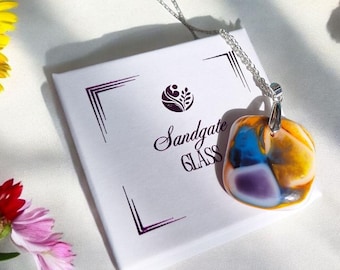 Fused Glass Pendant Necklace: Yellow Purple Blue Swirl, Silver Plated Chain