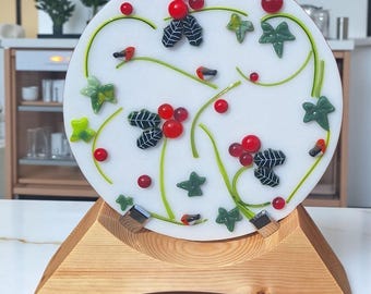 Fused Glass Christmas Decoration: Holly, Robins, Wooden Stand
