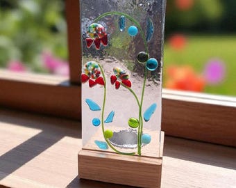 Handmade Fused Glass Orchid Candle Holder with Wooden Base